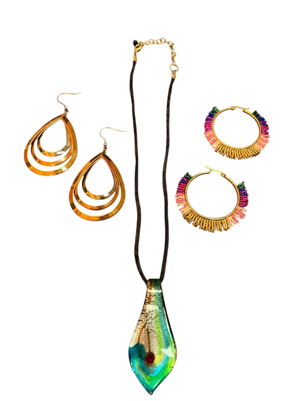 Statement Jewelry – 3 Pc | Bold Earrings/Beaded Hoops/Art Glass Pendant Necklace